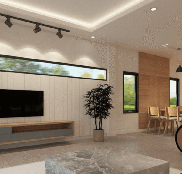 Design de sala de estar moderna com painel de TV ripado branco e rack baixo em madeira e cinza. Destaque para a iluminação em trilho e mesa de centro em mármore.